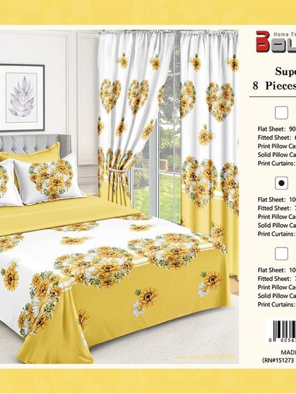 Floral Sunflower Yellow Bed Sheet and Curtain Set – 8 Pieces